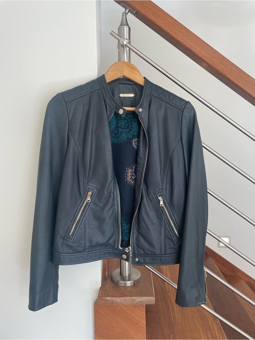 Massimo Dutti navy Leather Moto Jacket